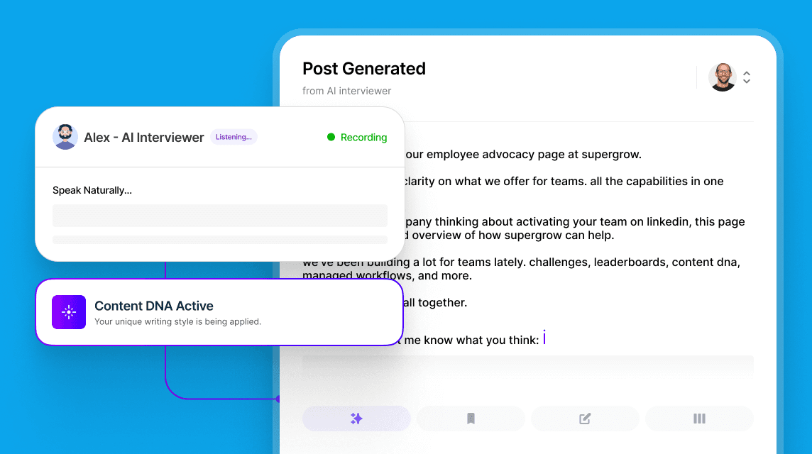 Supergrow AI post generator drafting a LinkedIn® post that matches the user’s voice