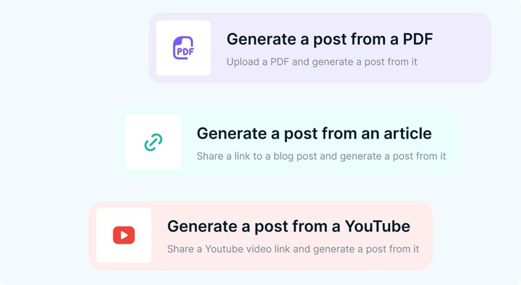 Supergrow generating a post from a PDF, an article, or a YouTube video