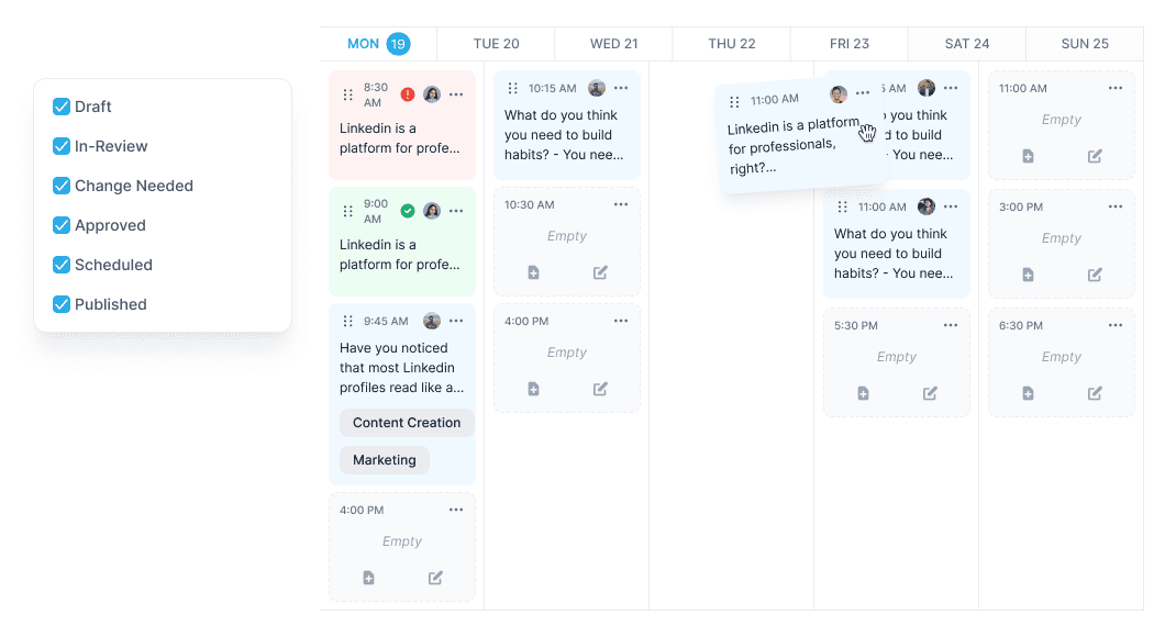 Supergrow publishing board with drafts, review, and scheduled posts