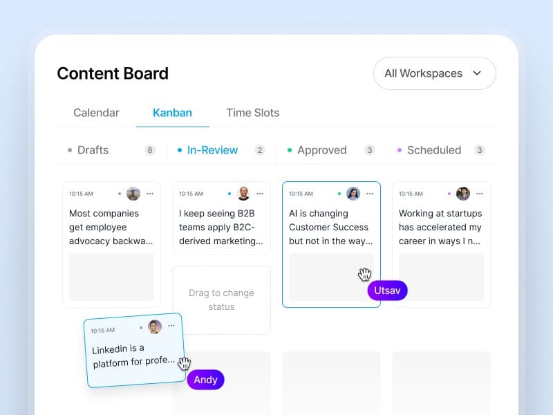 Supergrow Content Board with Drafts, In-Review, Approved, and Scheduled columns