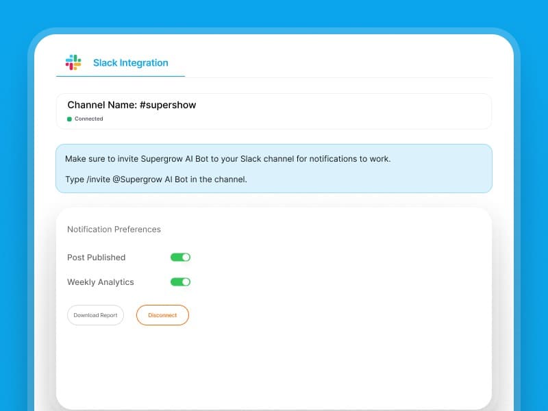 Supergrow weekly team analytics report delivered to a Slack channel