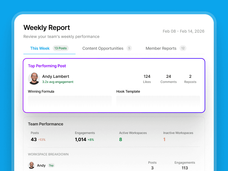 Supergrow Weekly Report highlighting the top performing post and team performance summary