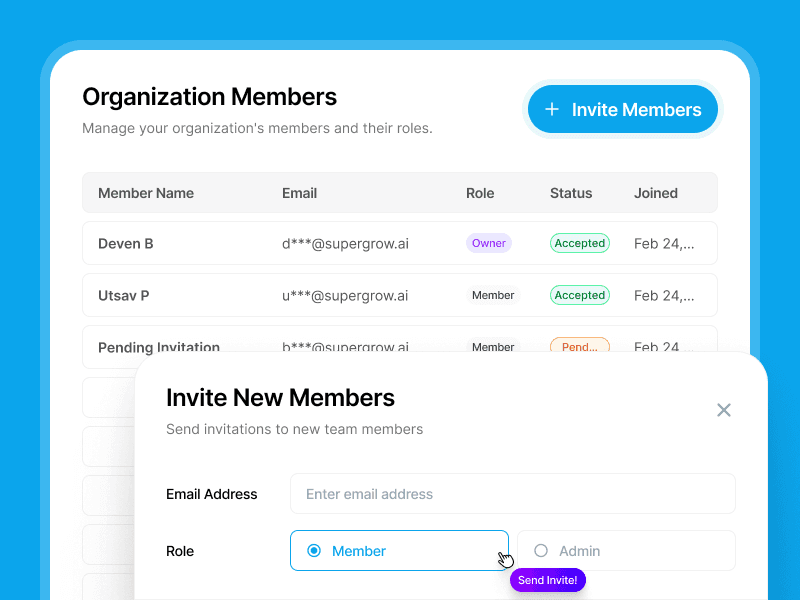Supergrow Organization Members table with roles and an Invite New Members dialog