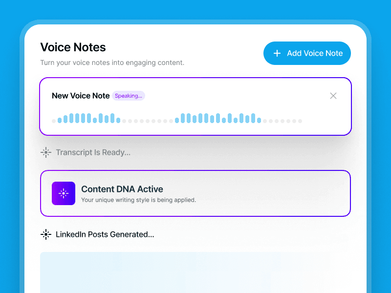 Supergrow voice-to-post feature turning a voice note into a LinkedIn® post draft