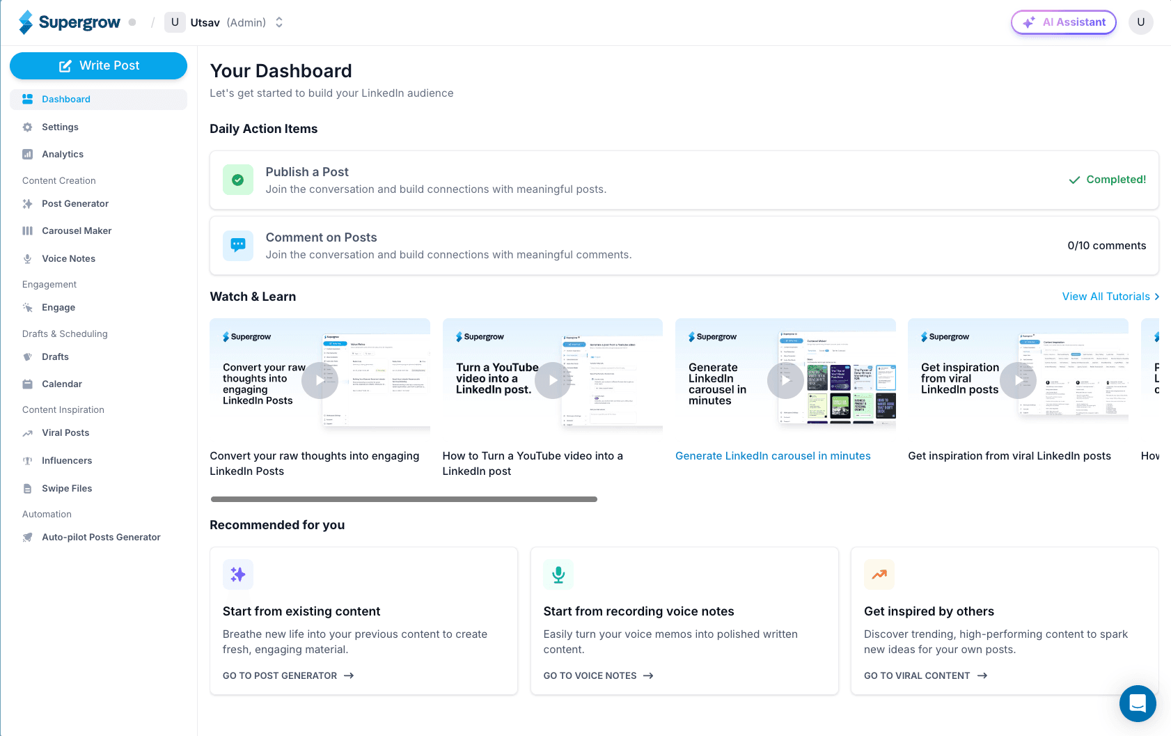Supergrow dashboard with daily action items and content tools