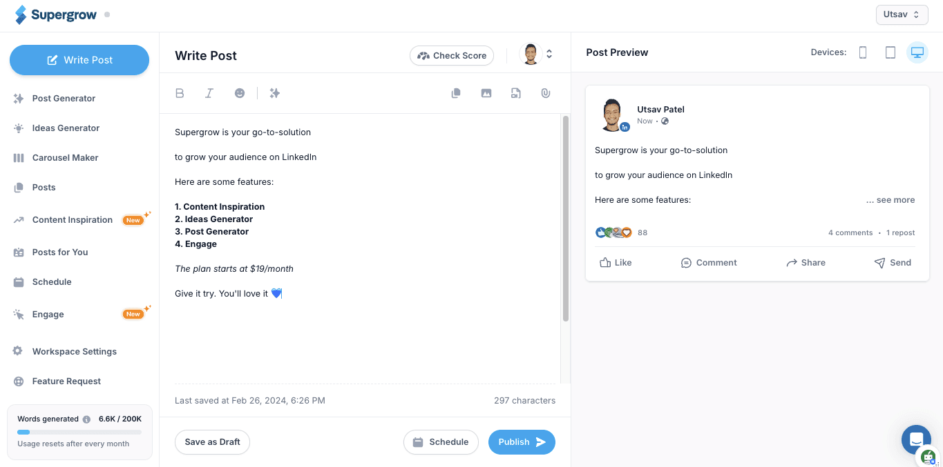 Supergrow post editor with a live LinkedIn post preview