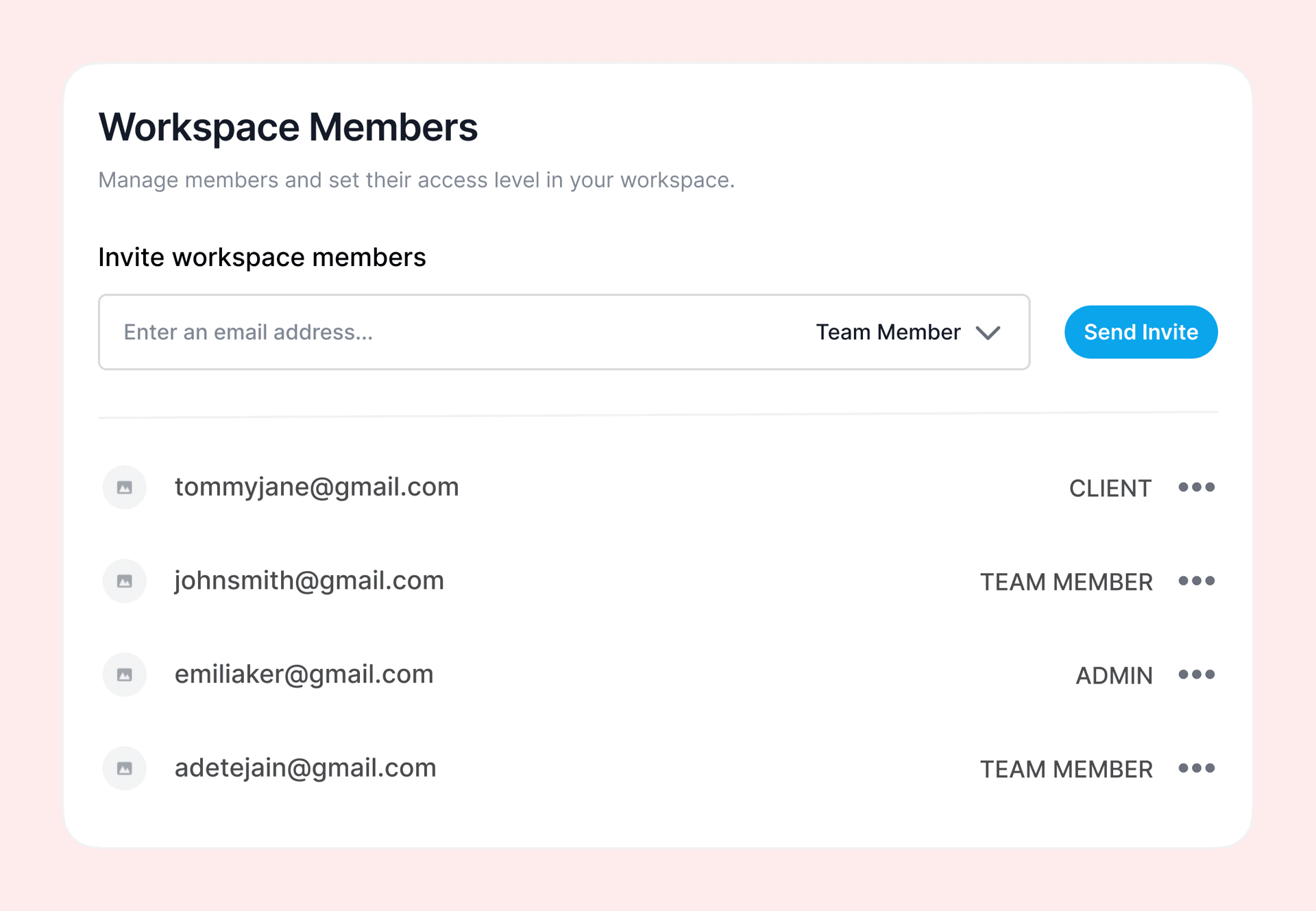 Supergrow Workspace Members panel for inviting team members and setting access levels