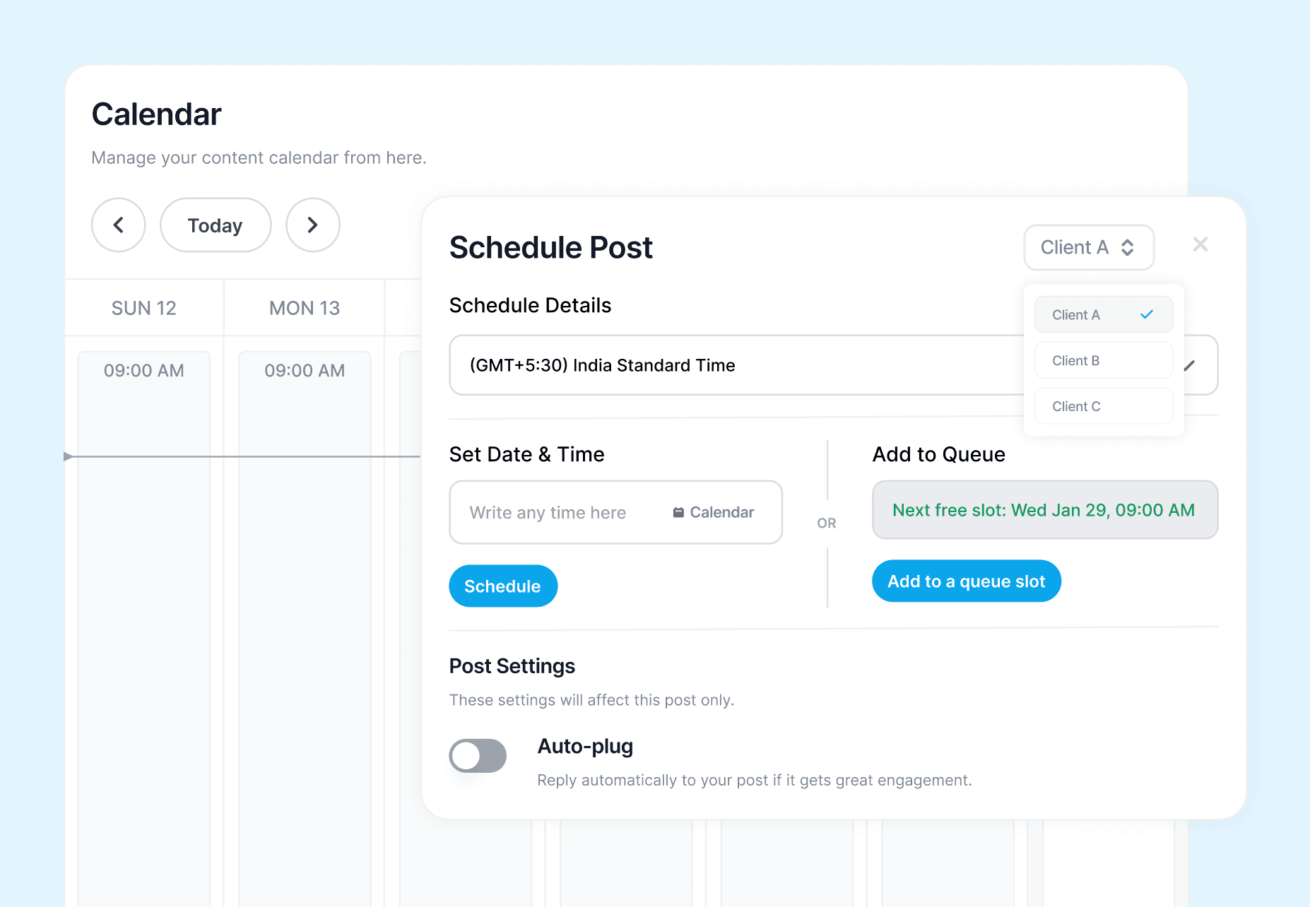Supergrow content calendar with a Schedule Post modal for switching between client accounts
