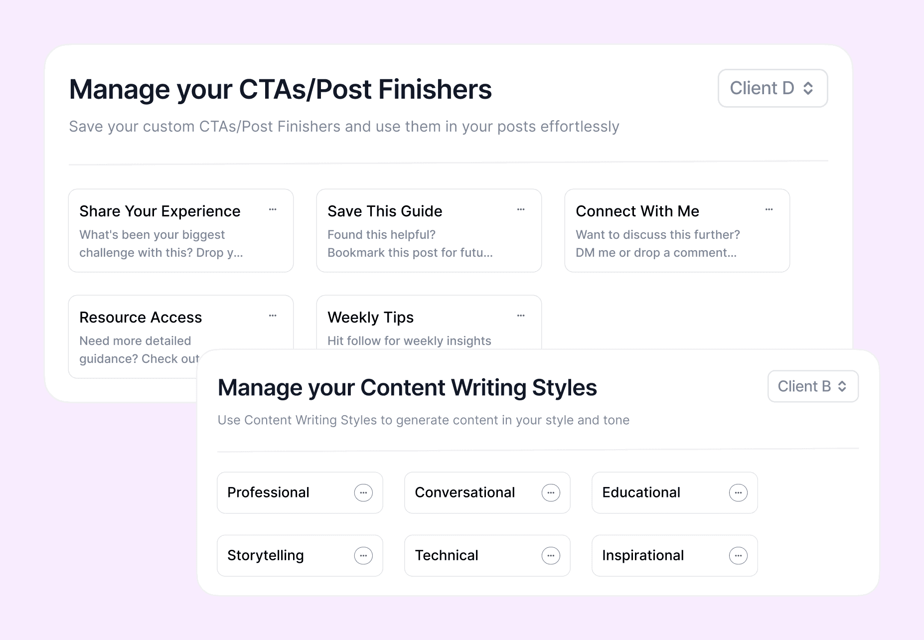 Supergrow per-client CTAs, post finishers, and content writing styles