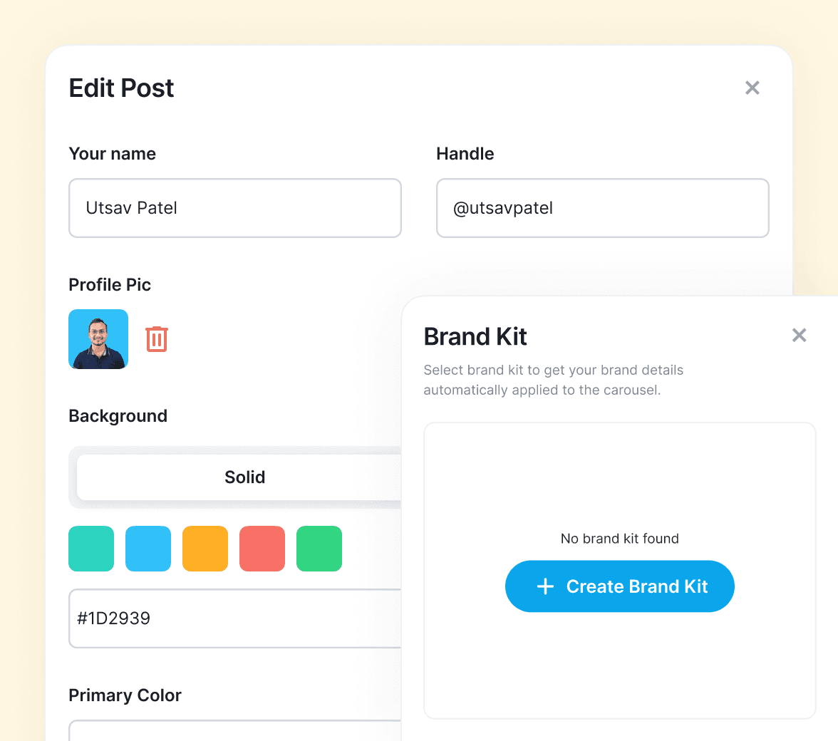 Supergrow Edit Post panel with a Brand Kit dialog for colors and logo