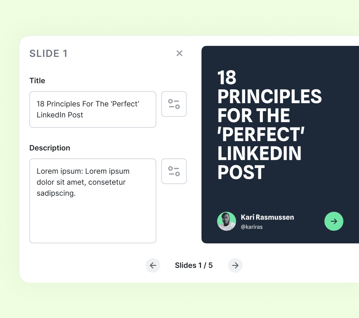 Supergrow slide editor with an inline title and description panel next to the live slide