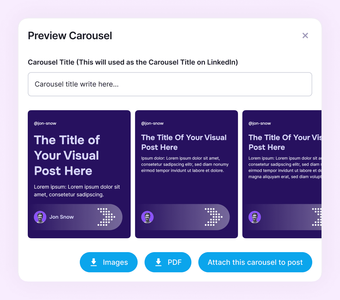 Supergrow Preview Carousel dialog with Images, PDF, and Attach to post actions