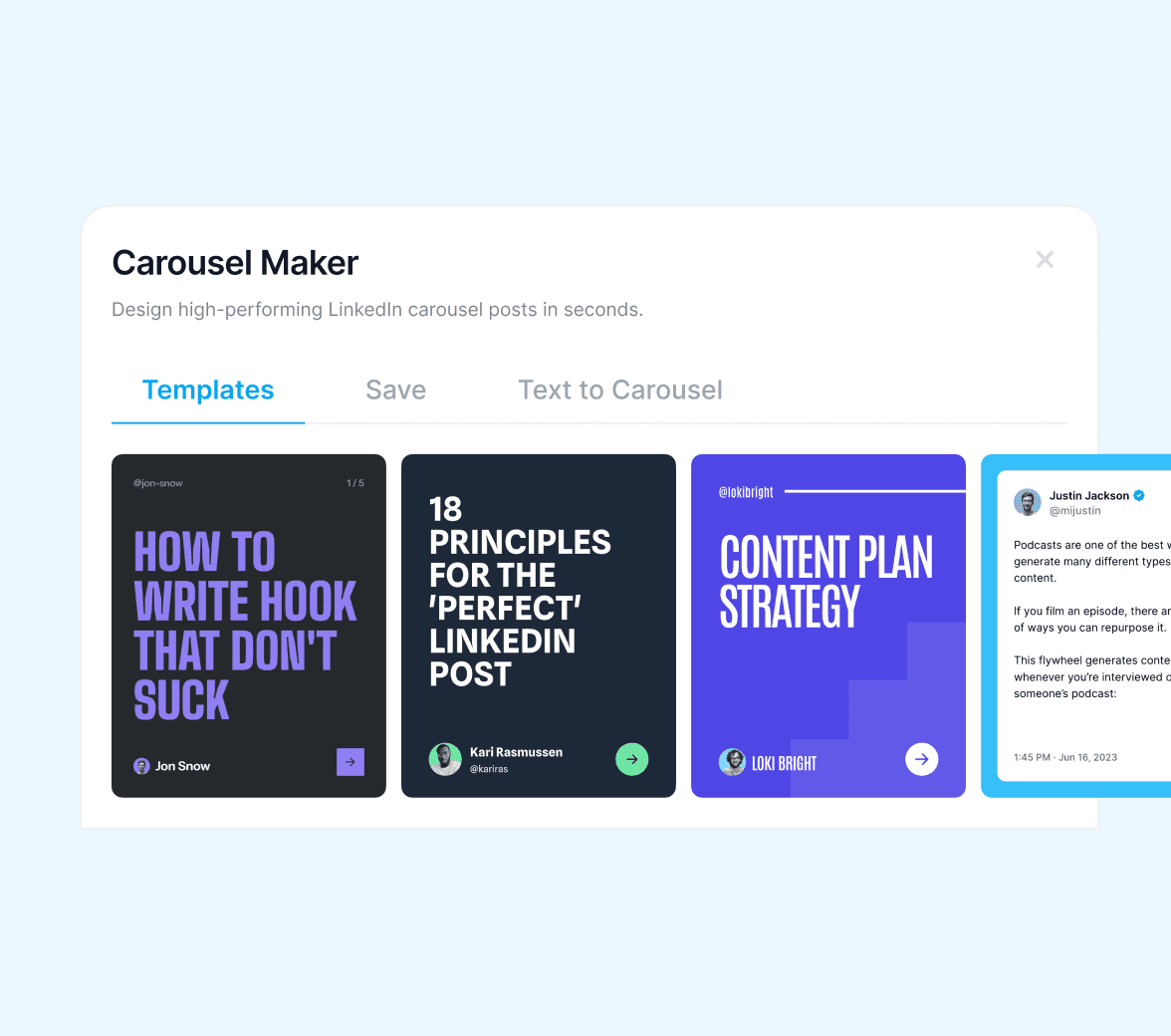 Supergrow Carousel Maker template gallery with LinkedIn® carousel layouts