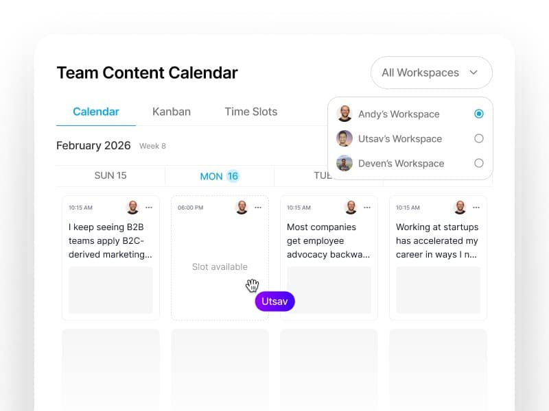 Supergrow team content calendar across multiple workspaces