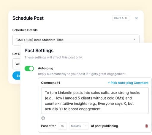 Supergrow schedule post settings with an auto-plug first comment