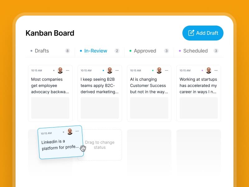 Supergrow Kanban board with draft, in-review, approved, and scheduled columns