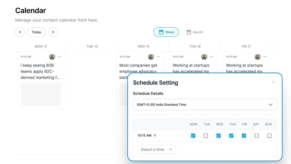 Supergrow content calendar with a schedule setting dialog open