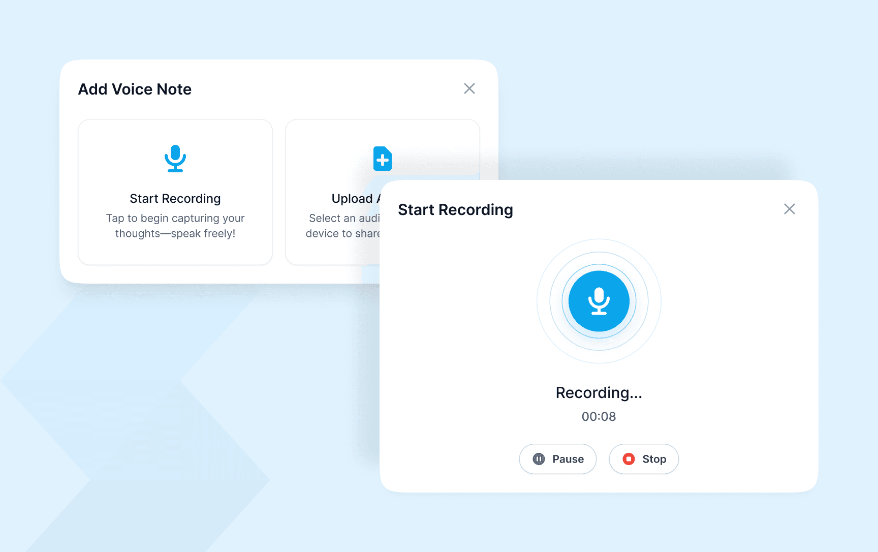 Supergrow Add Voice Note dialog with a live recording timer