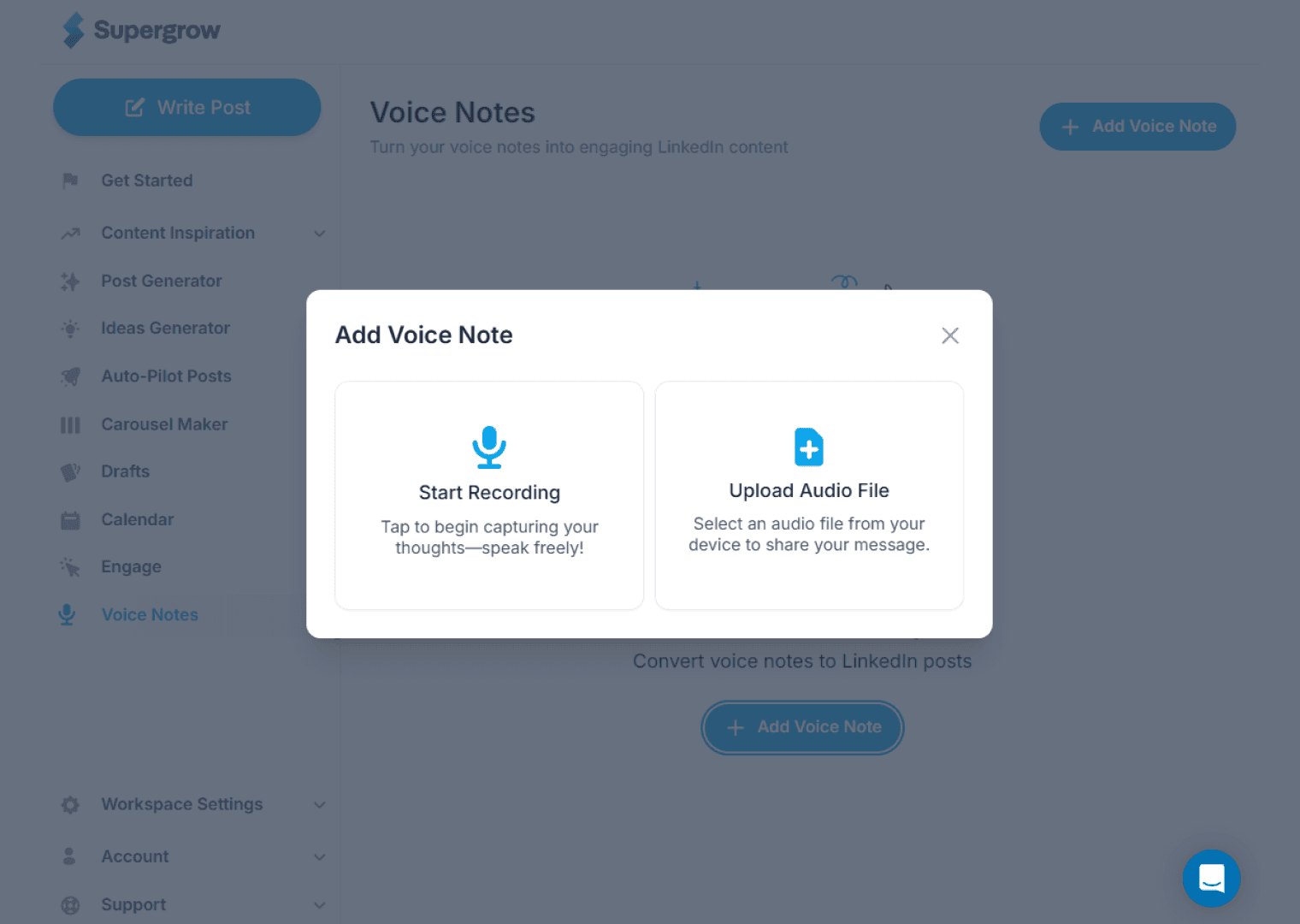 Supergrow Voice Notes with an Add Voice Note recording dialog on mobile