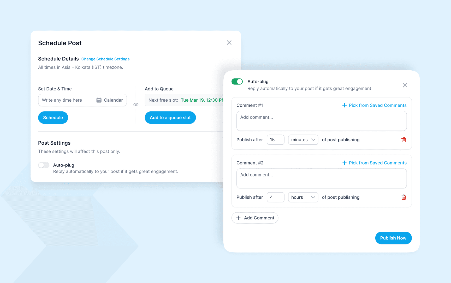Supergrow Schedule Post dialog with auto-plug first comments for a content series