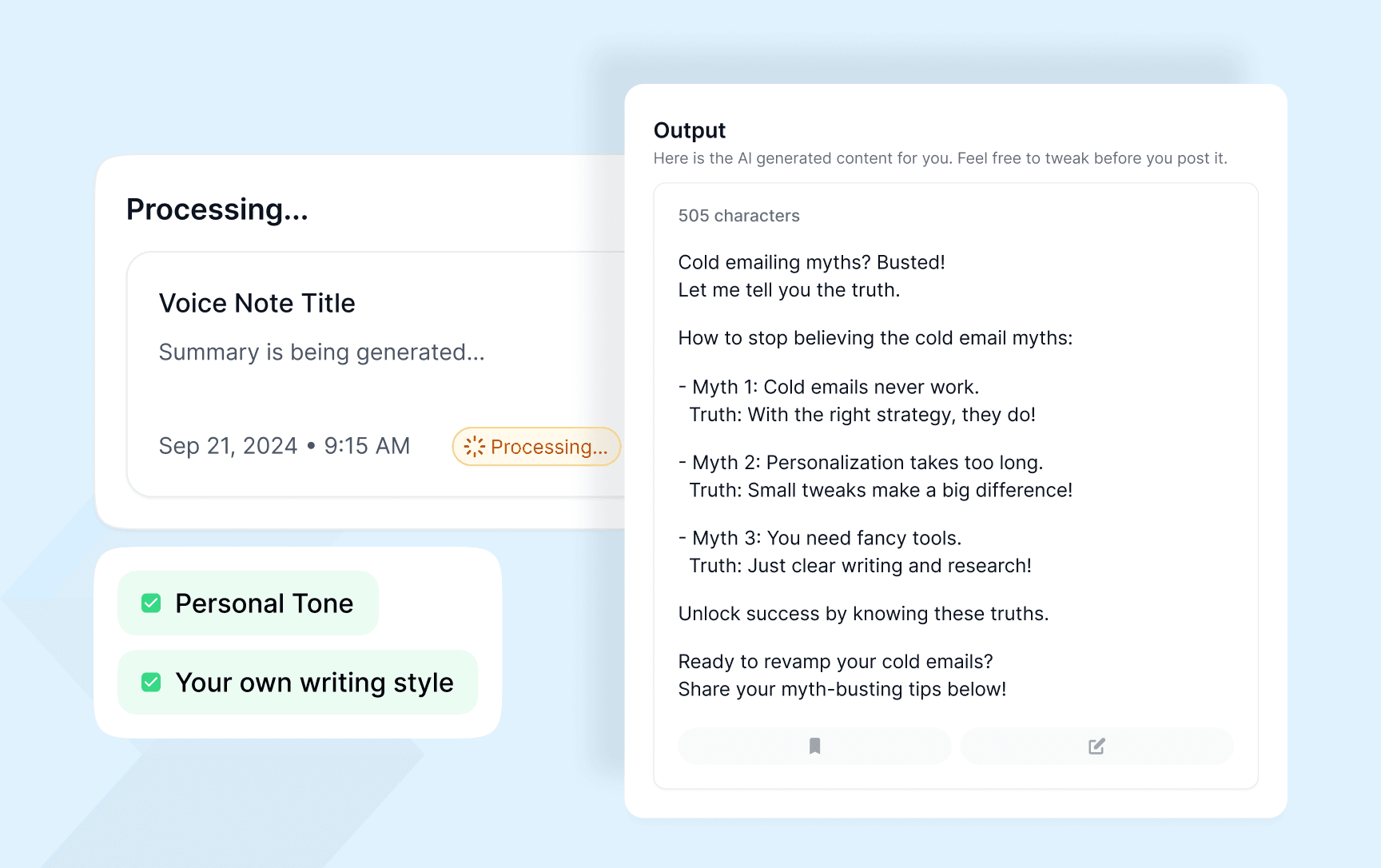 Supergrow voice note processing into an AI-generated LinkedIn post in your voice