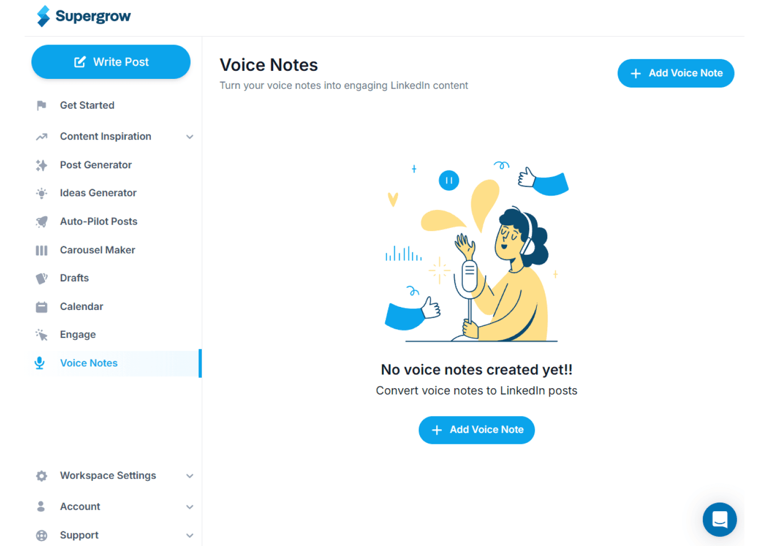 Supergrow Voice Notes with an Add Voice Note dialog and start recording