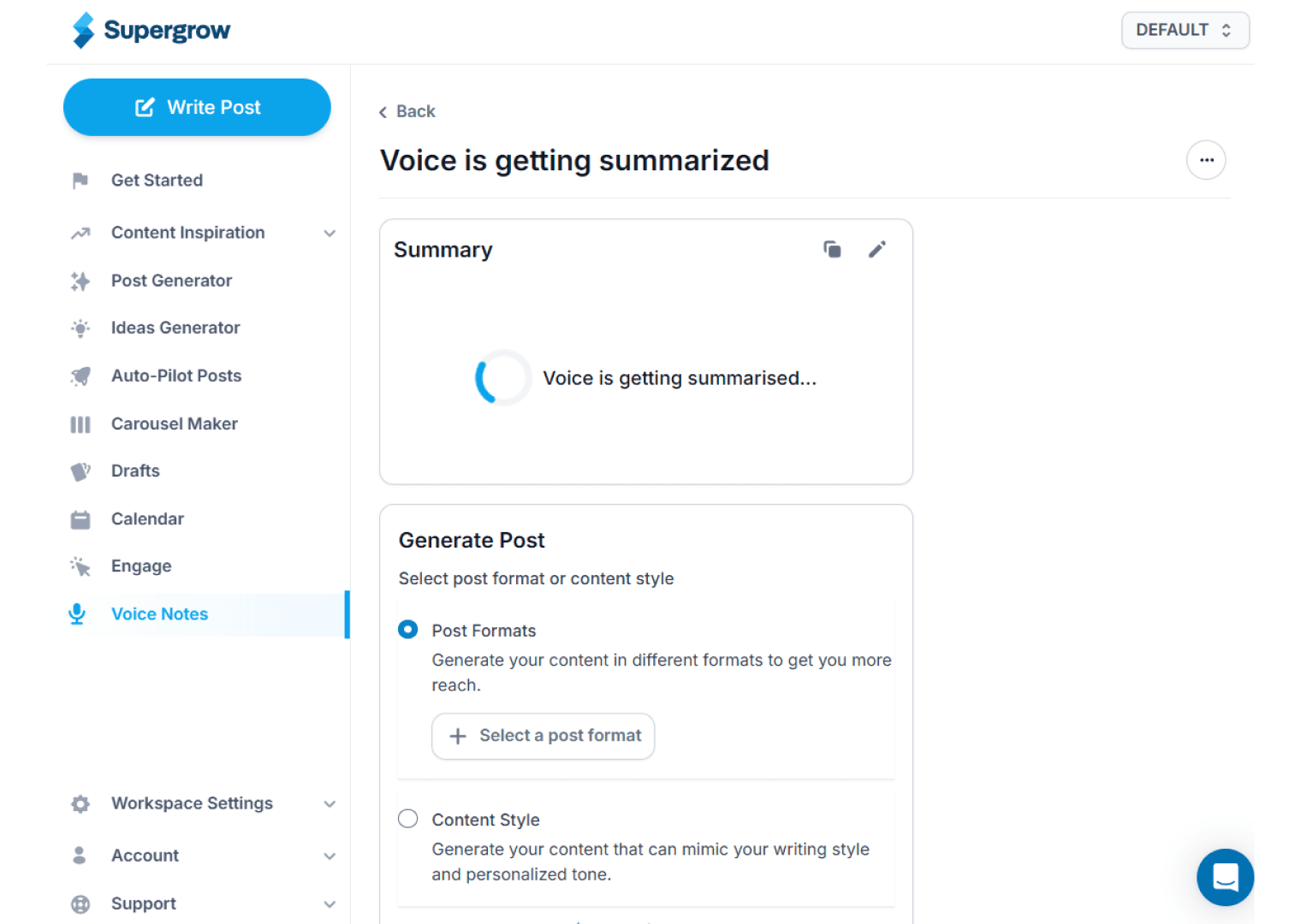 Supergrow generating a LinkedIn post from a summarised voice note