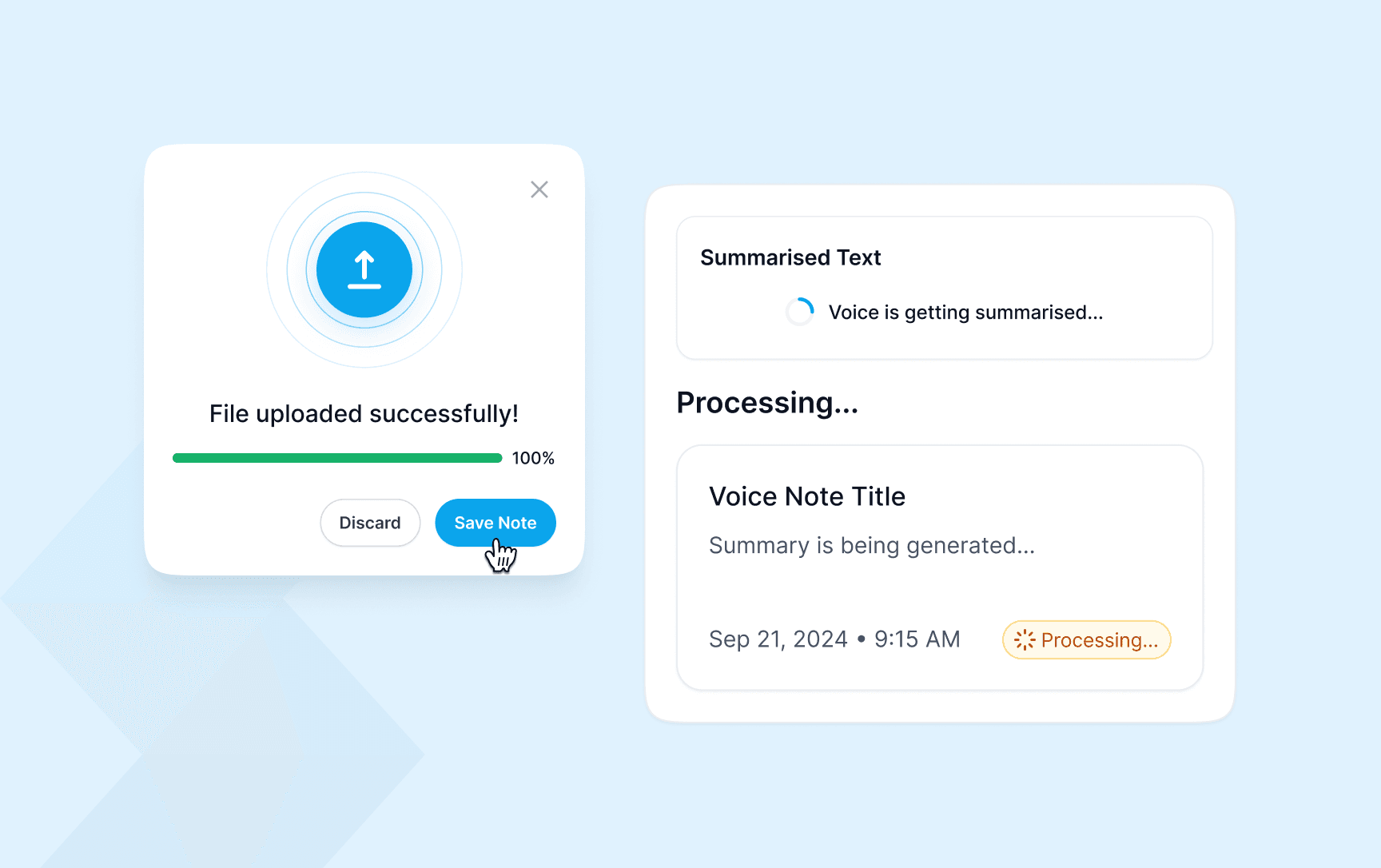 Supergrow summarising an uploaded voice note into structured text