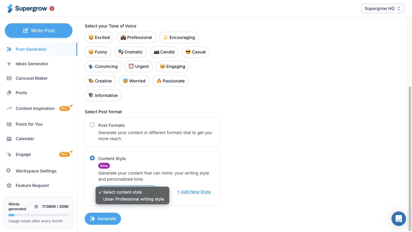Supergrow post generator with a saved Content Style selected as the tone of voice