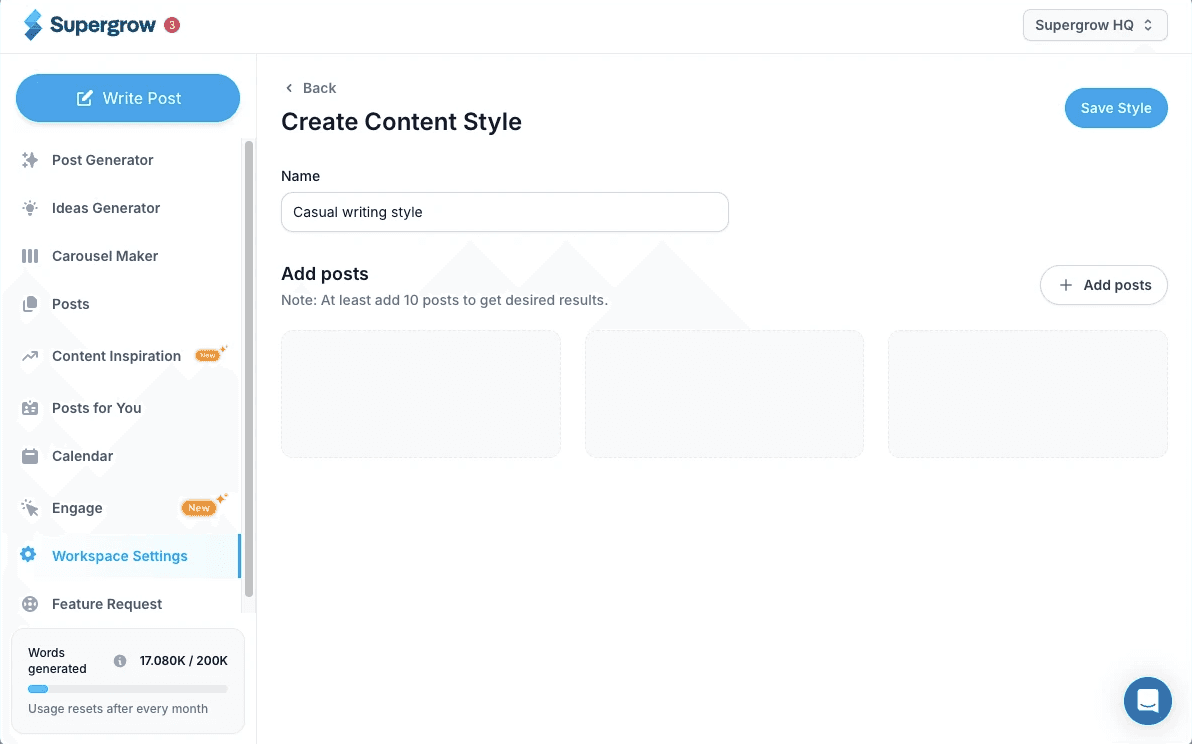 Supergrow Create Content Style screen with writing samples being added
