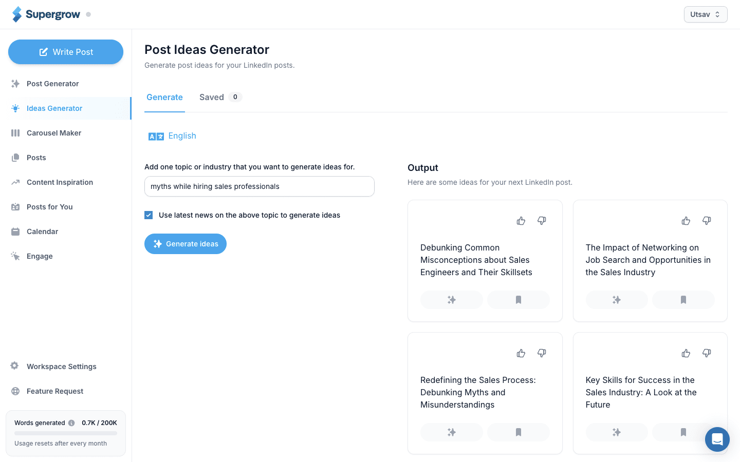 Supergrow Post Ideas Generator with generated post ideas for a topic