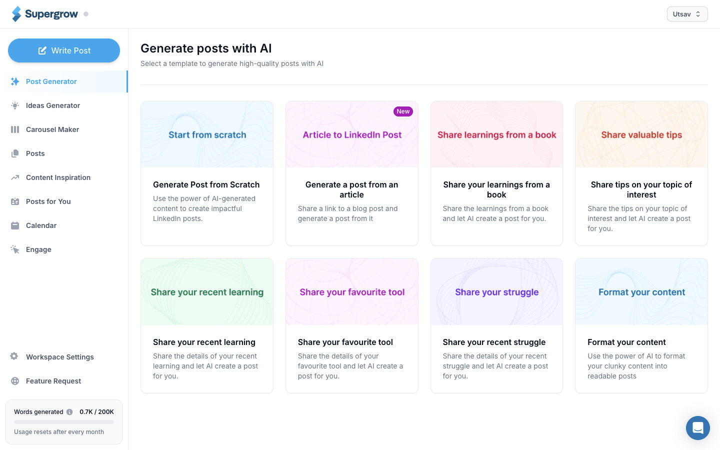 Supergrow post generator templates for creating LinkedIn posts with AI