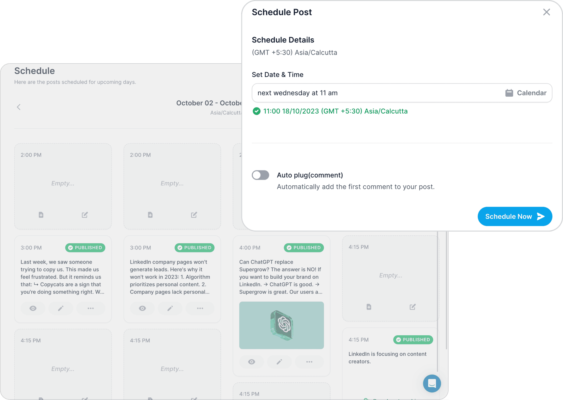 Supergrow schedule view with a calendar and the Schedule Post dialog