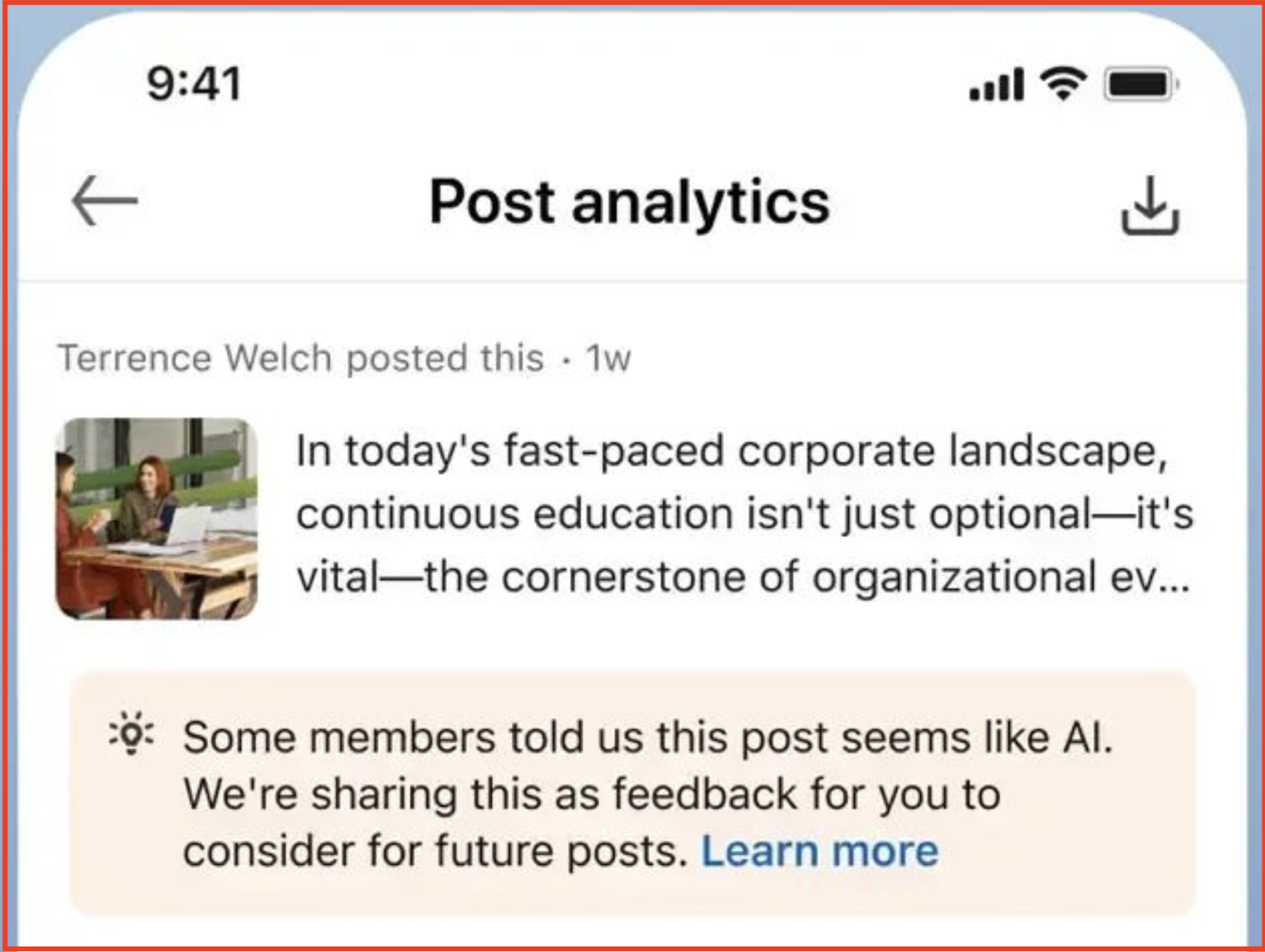 LinkedIn post analytics showing an AI-generated content feedback note