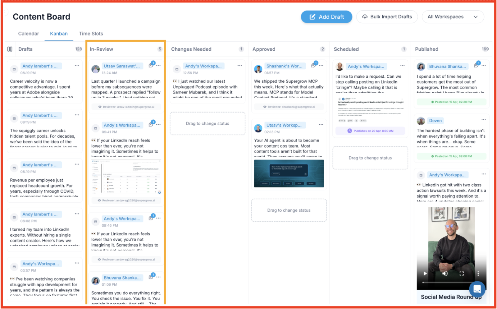 Supergrow Content Board Kanban with draft, review, and approval columns