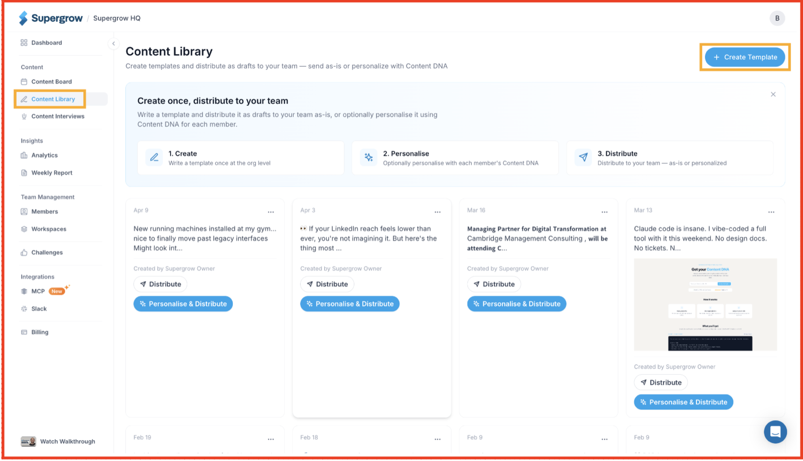 Supergrow Content Library for distributing templates to the team