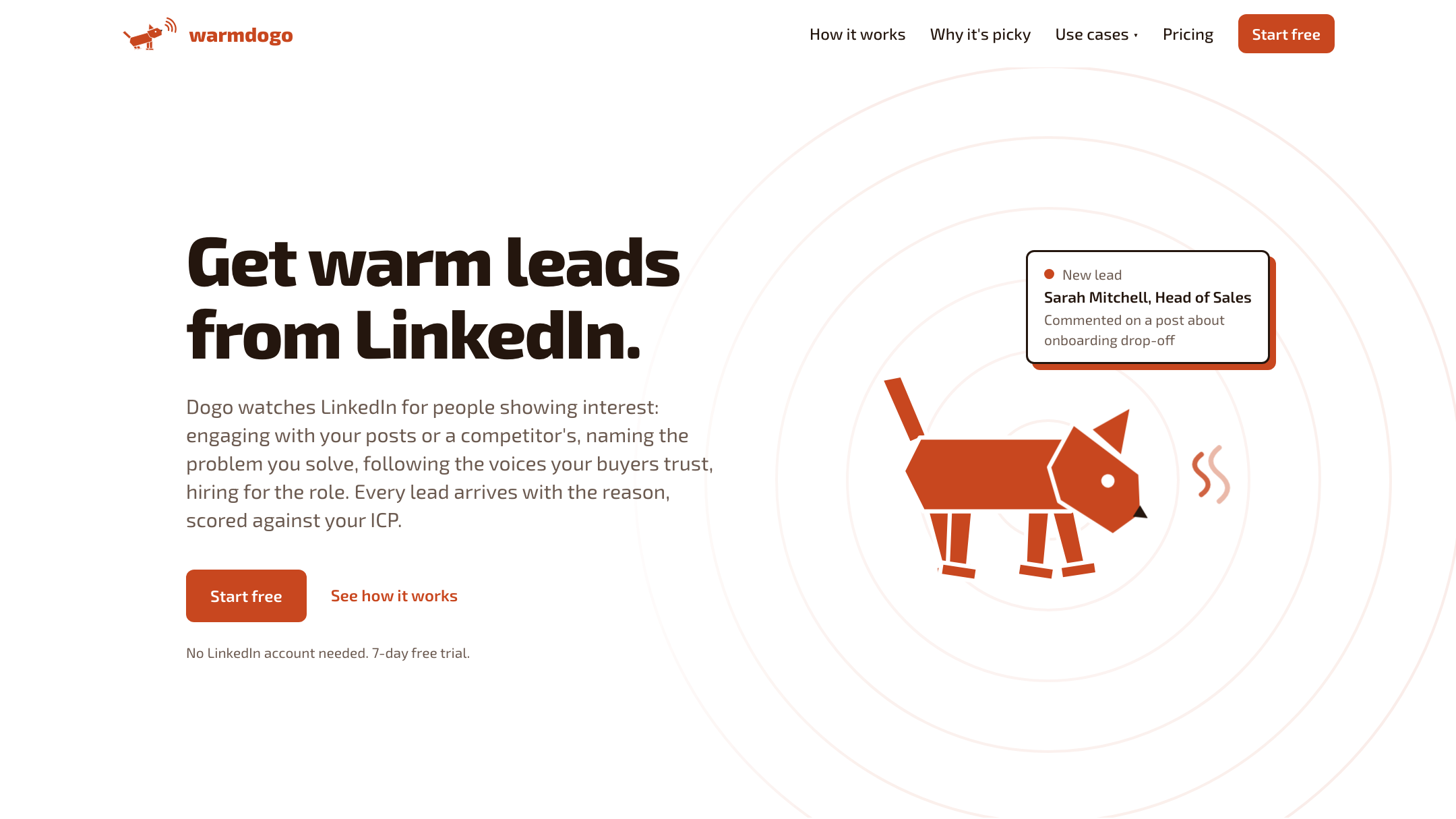 The WarmDogo homepage, headlined Get warm leads from LinkedIn