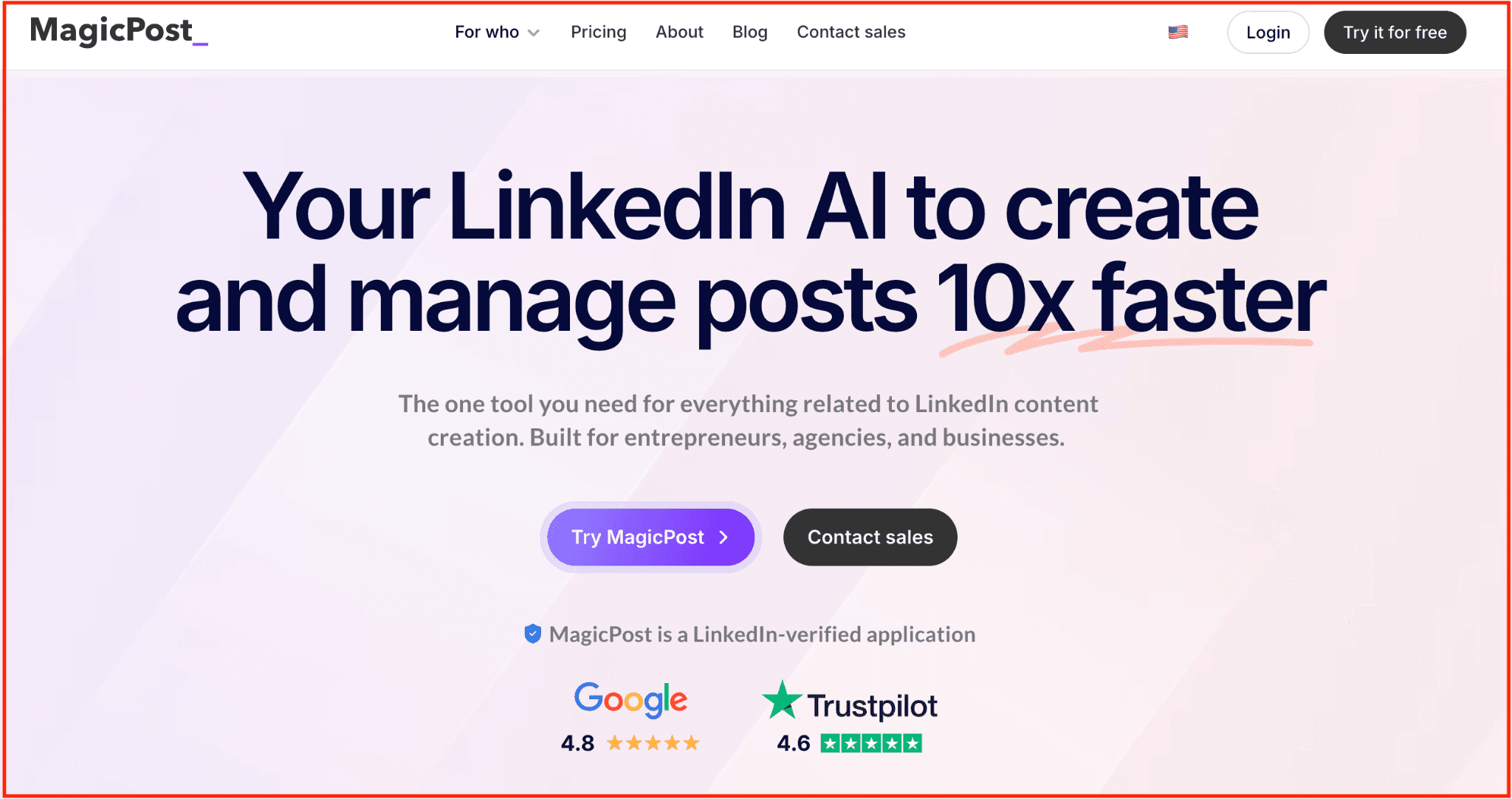 MagicPost homepage with the headline Your LinkedIn AI to create and manage posts 10x faster