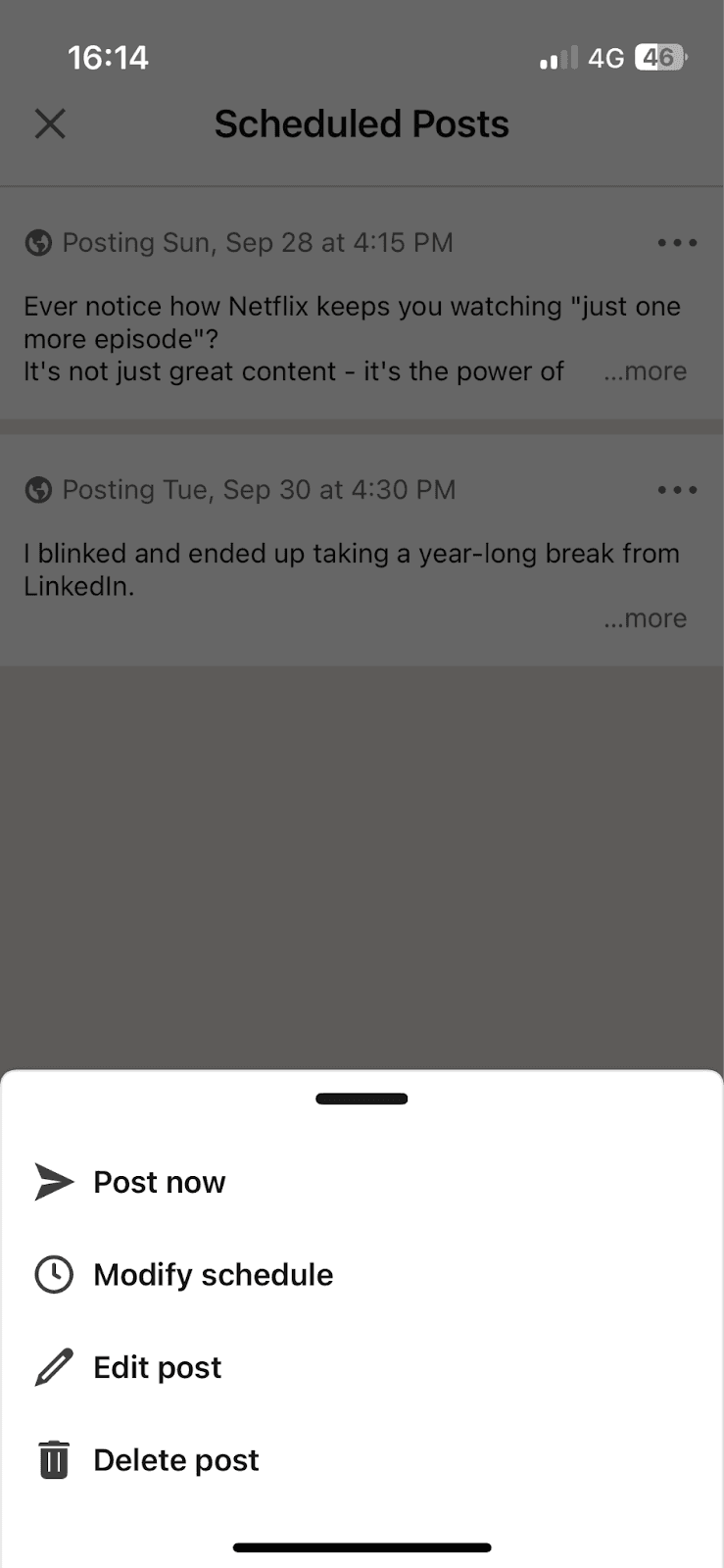 TODO: describe image for How to See Scheduled Posts on LinkedIn — Mobile