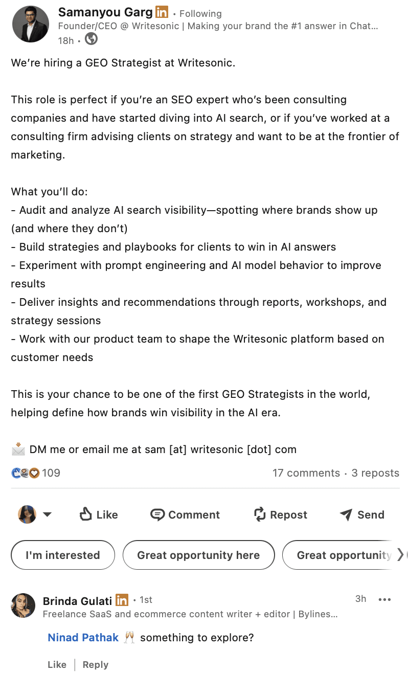 using linkedin to add comment on others post to support community