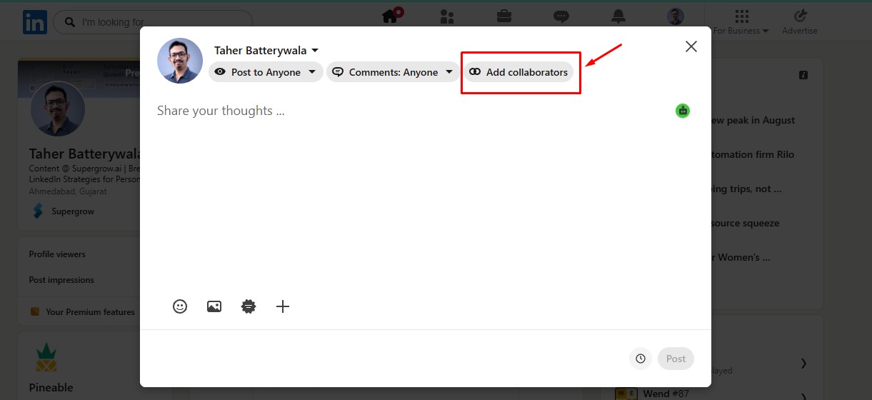 LinkedIn post composer showing the Add collaborators option beside the audience and comment settings