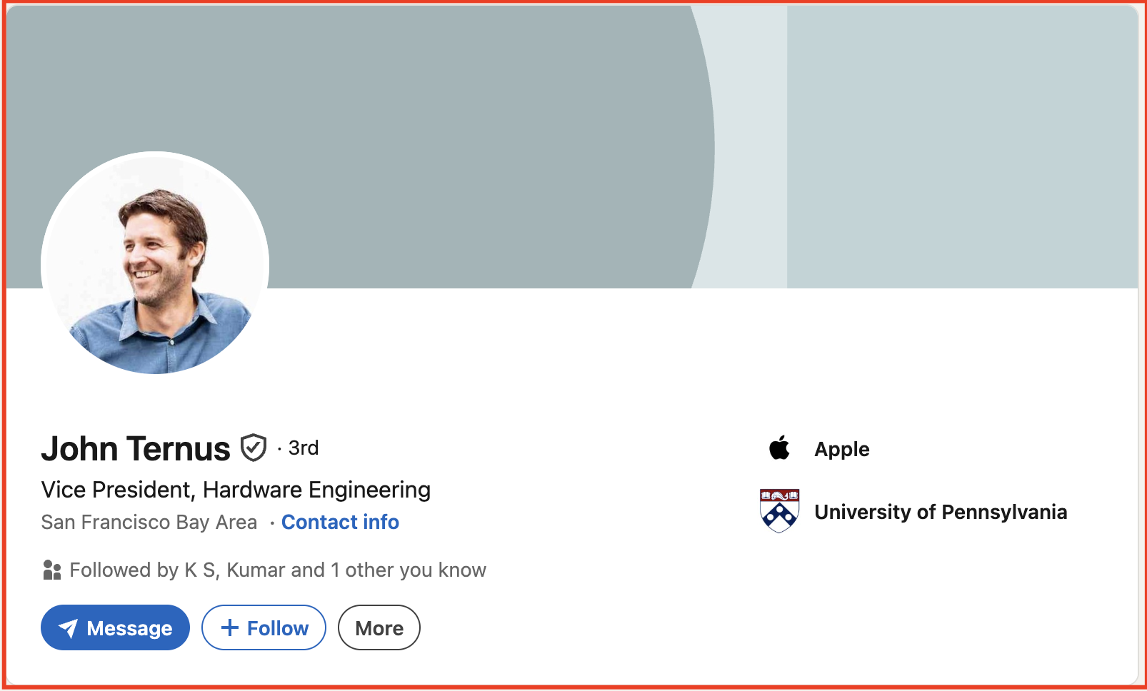 John Ternus's LinkedIn profile showing his title as Vice President, Hardware Engineering at Apple, with no posts or activity on the profile