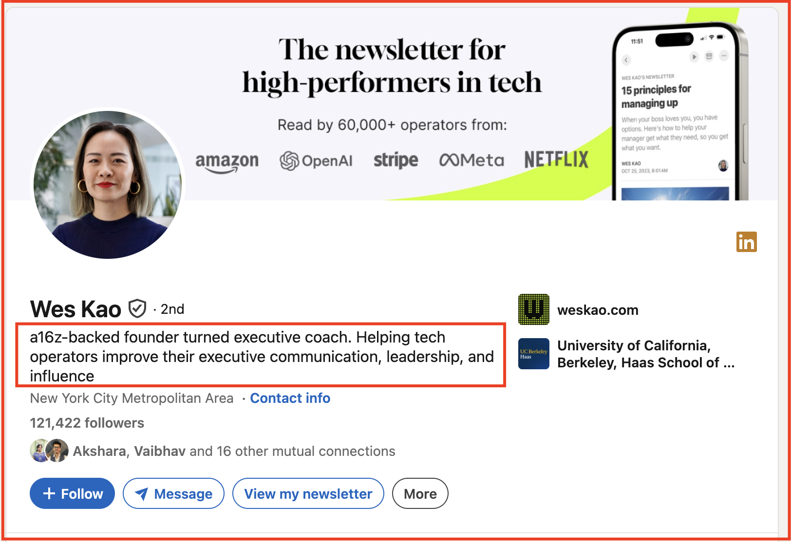 Wes Kao's LinkedIn profile with her headline highlighted, reading a16z-backed founder turned executive coach helping tech operators improve their executive communication, leadership, and influence