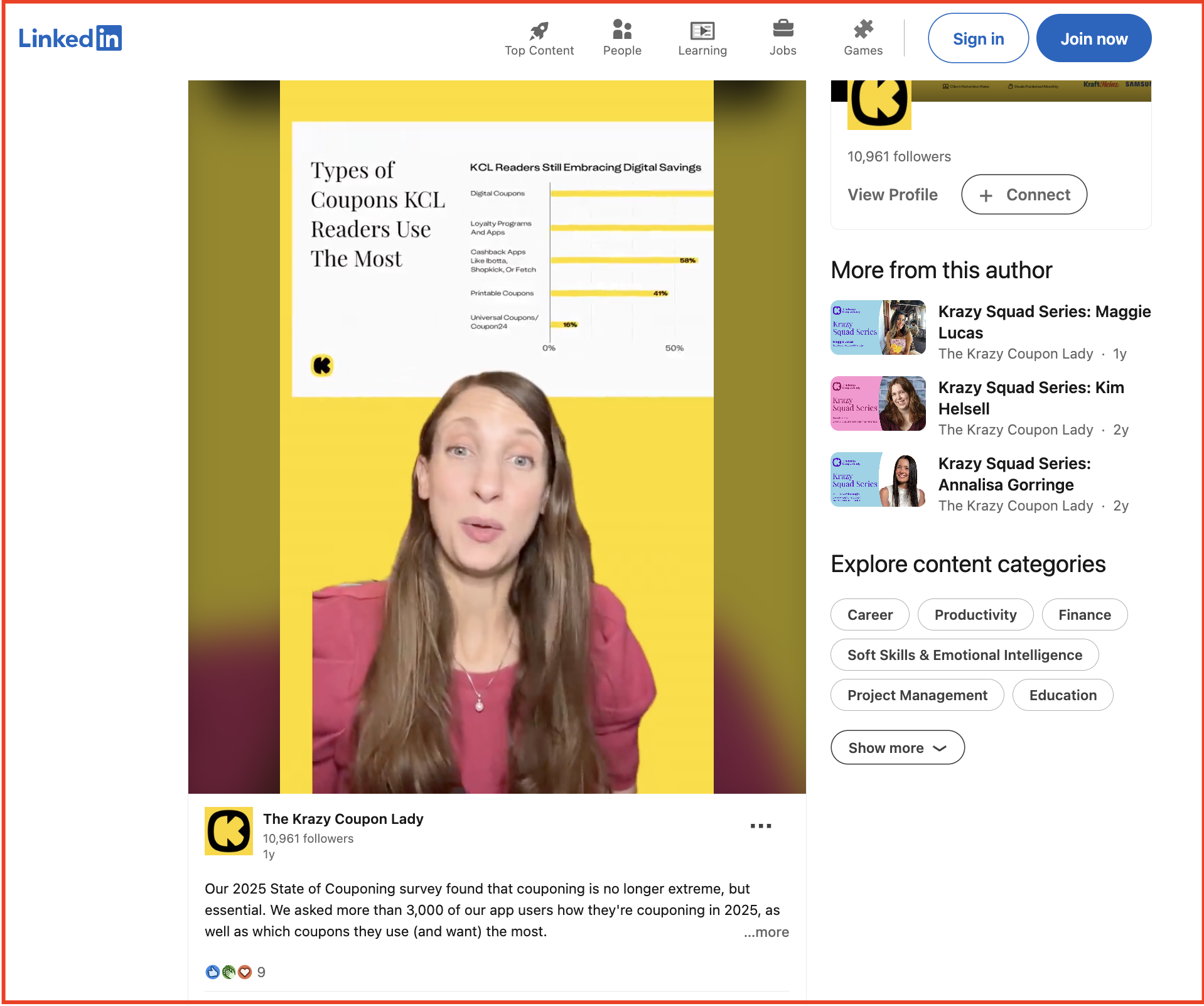 Screenshot of The Krazy Coupon Lady LinkedIn post presenting their 2025 State of Couponing survey as a video with a chart of the coupon types readers use most