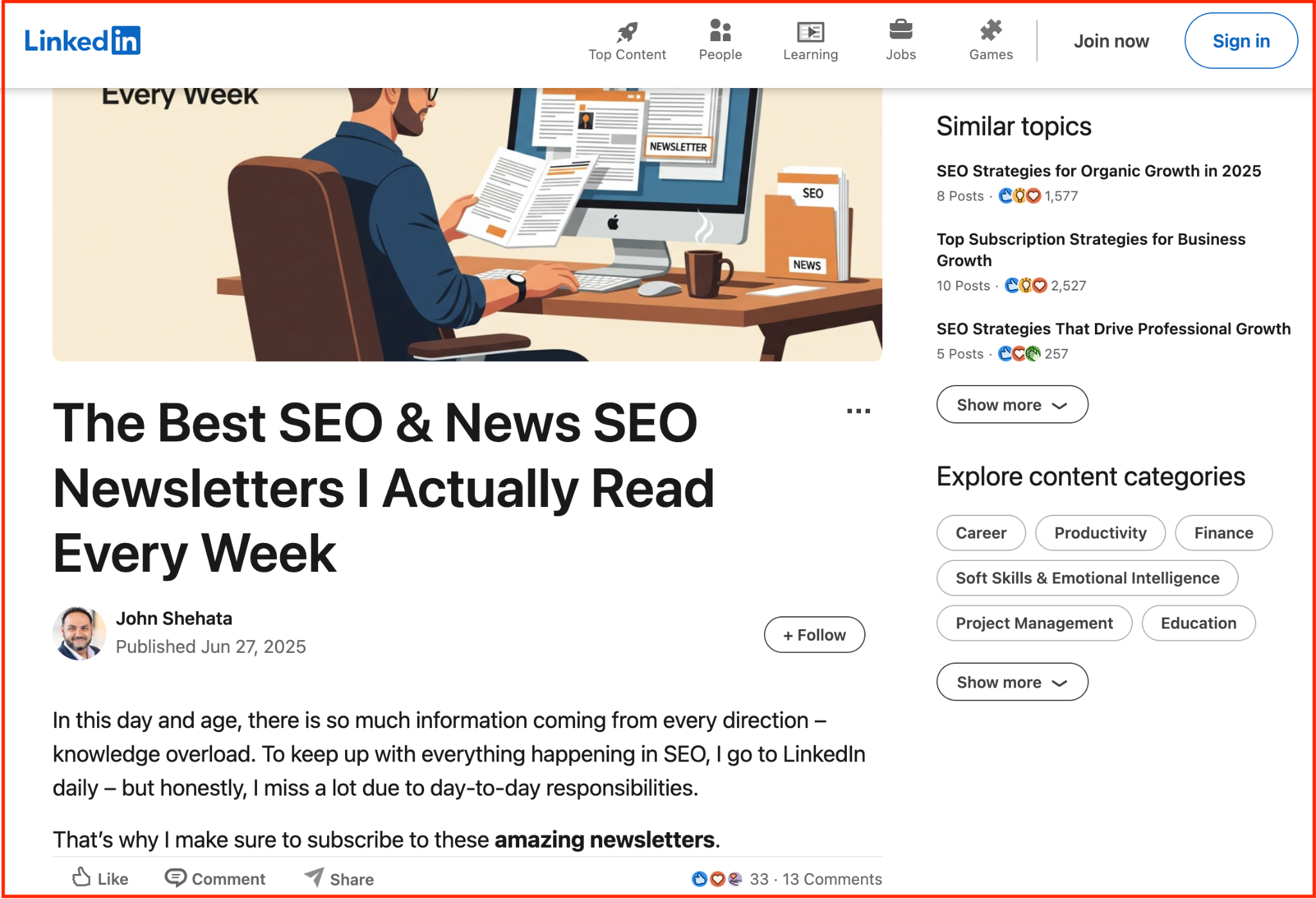 Screenshot of John Shehata's LinkedIn article titled The Best SEO and News SEO Newsletters I Actually Read Every Week, showing a keyword-rich headline and a modest reaction count