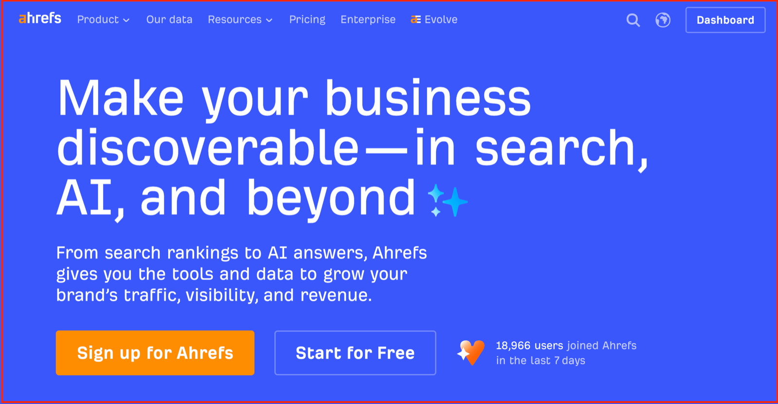 Ahrefs homepage with the headline Make your business discoverable in search, AI, and beyond