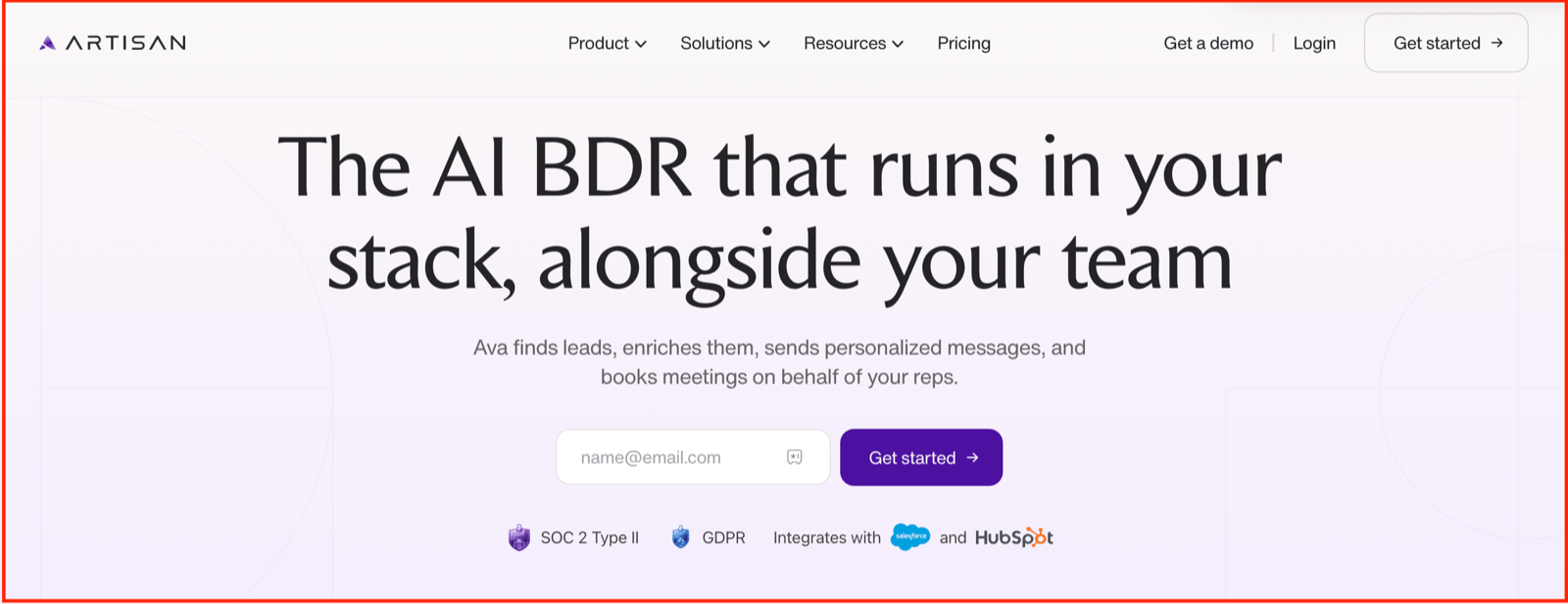 Artisan homepage with the headline The AI BDR that runs in your stack, alongside your team