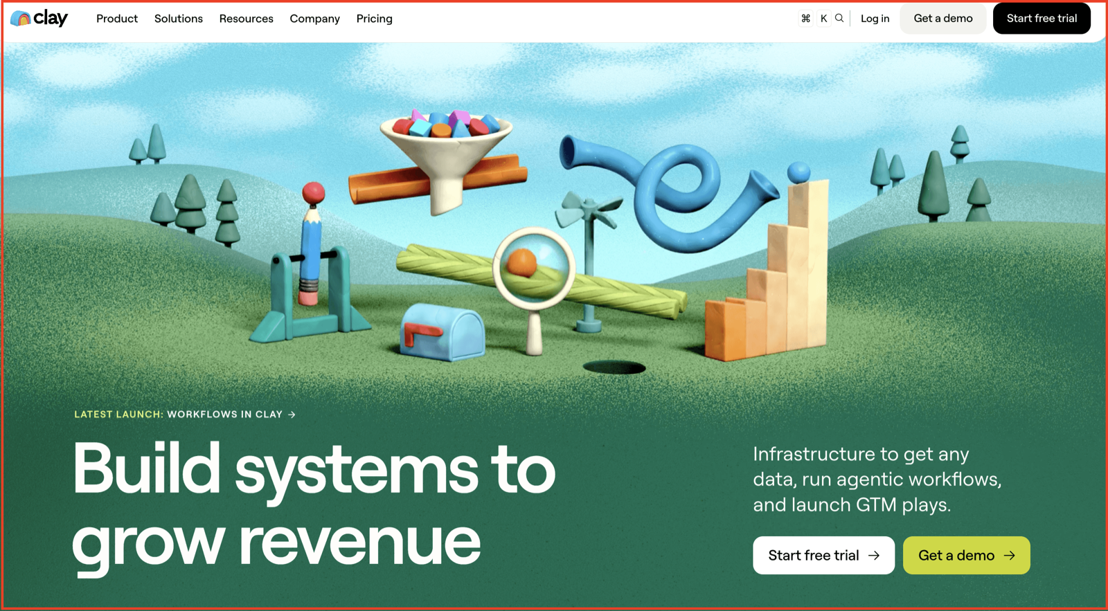 Clay homepage with the headline Build systems to grow revenue and a claymation-style illustration