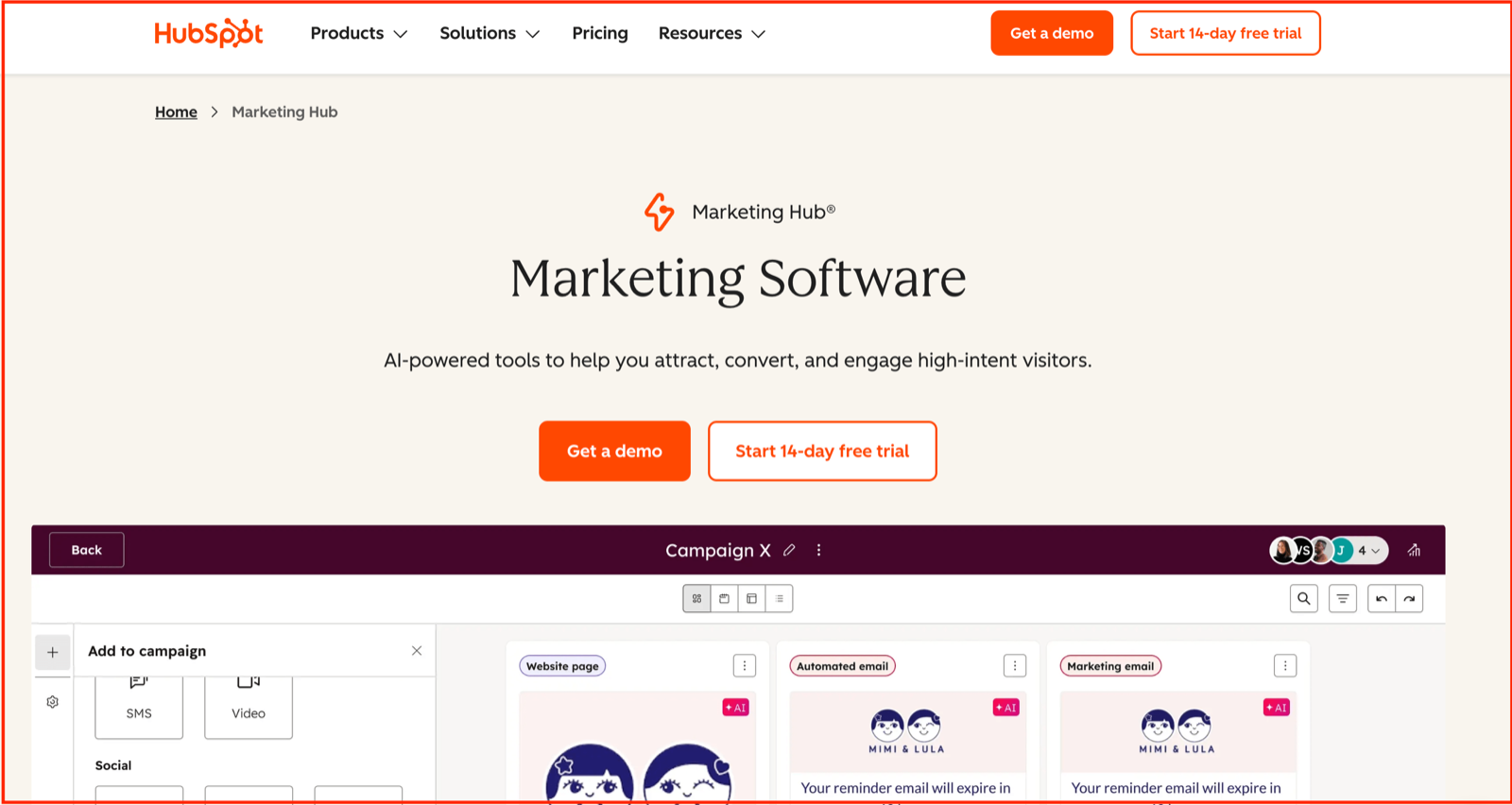 HubSpot Marketing Hub homepage showing a campaign builder with website page, automated email, and marketing email assets