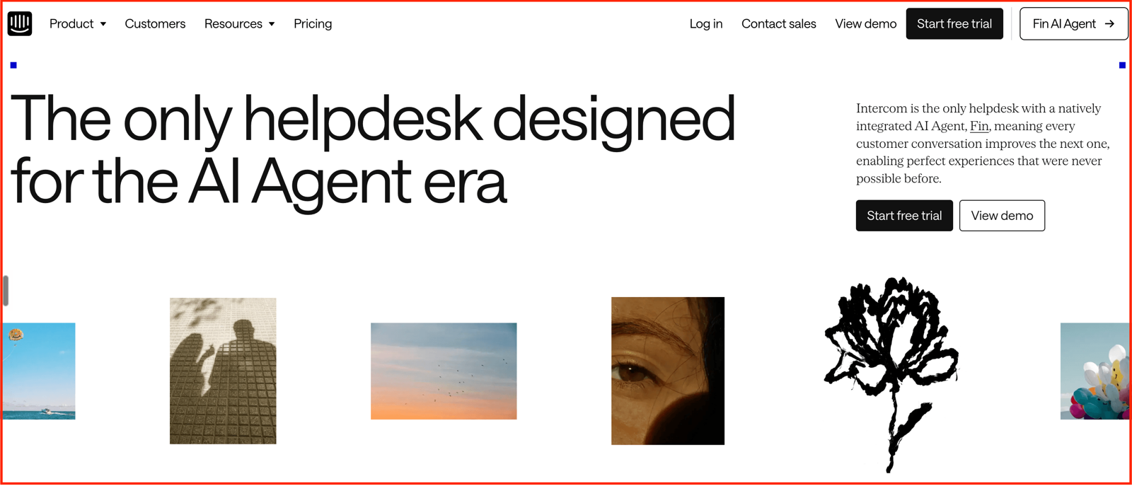 Intercom homepage with the headline The only helpdesk designed for the AI Agent era